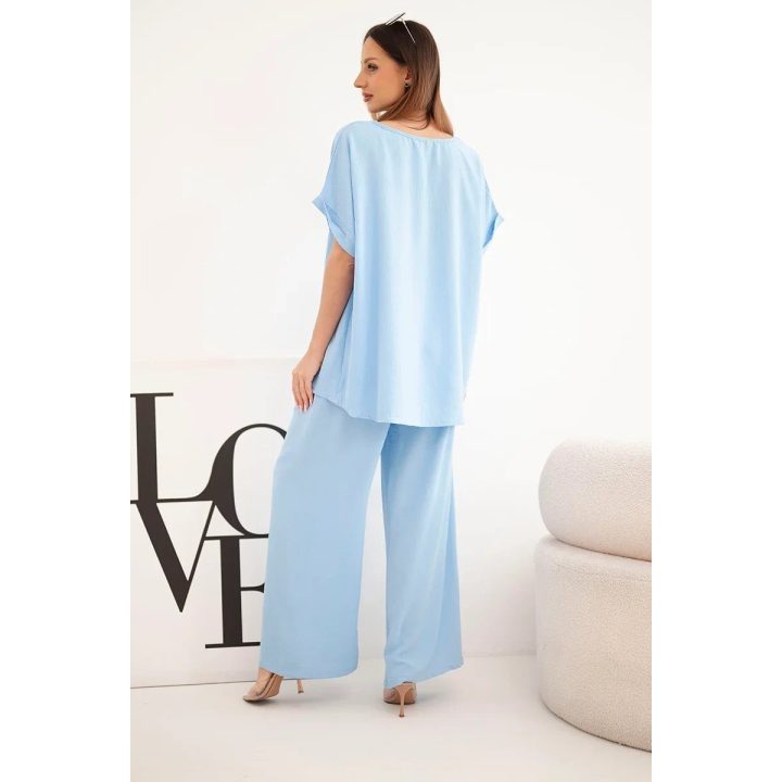 Moteriškas Plus Size komplektas su plačiomis kelnėmis, mėlynas