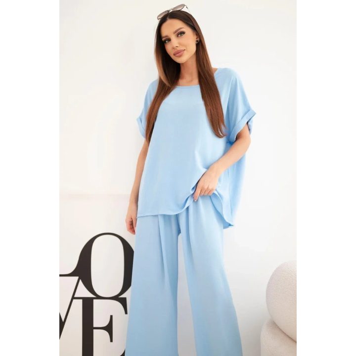 Moteriškas Plus Size komplektas su plačiomis kelnėmis, mėlynas