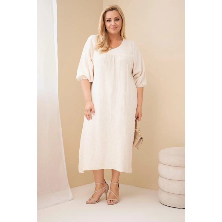Moteriška Plus Size medvilninė muilinė suknelė su V formos iškirpte, smėlio spalvos