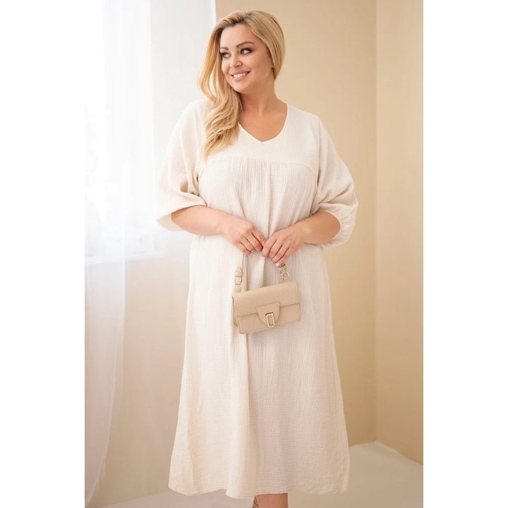 Moteriška Plus Size medvilninė muilinė suknelė su V formos iškirpte, smėlio spalvos