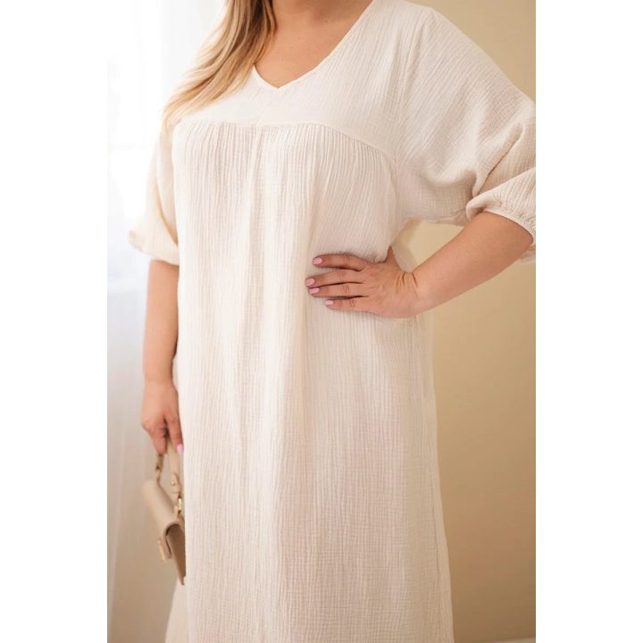 Moteriška Plus Size medvilninė muilinė suknelė su V formos iškirpte, smėlio spalvos