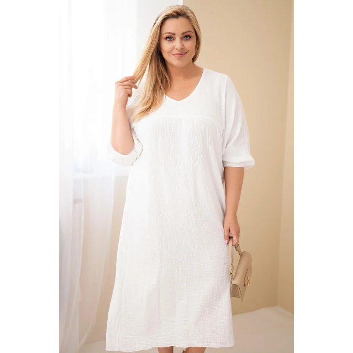 Balta Plus Size medvilninė muslino suknelė su V formos iškirpte