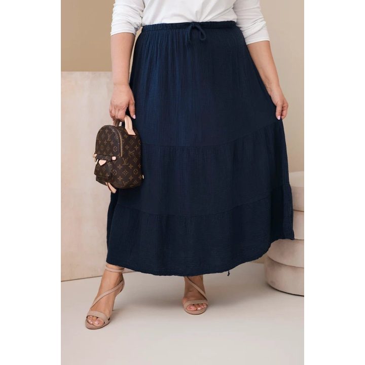 Moteriškas Plus Size medvilninis mušelino sijonas su raukiniais ir tampriu juosmeniu, tamsiai mėlynas