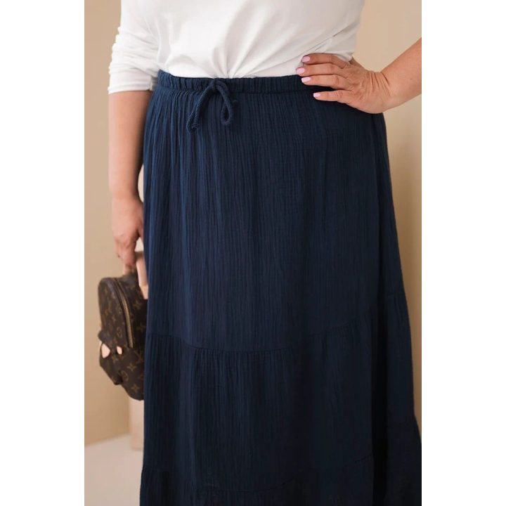 Moteriškas Plus Size medvilninis mušelino sijonas su raukiniais ir tampriu juosmeniu, tamsiai mėlynas