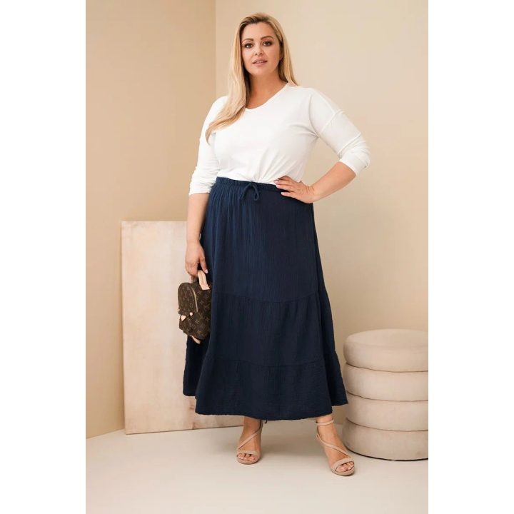 Moteriškas Plus Size medvilninis mušelino sijonas su raukiniais ir tampriu juosmeniu, tamsiai mėlynas