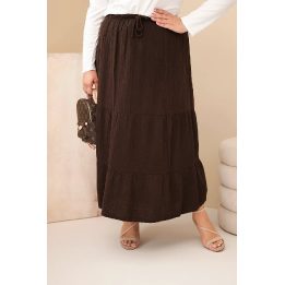 Moteriškas Plus Size medvilninis muslino sijonas su raukiniais ir elastiniu juosmeniu, rudas