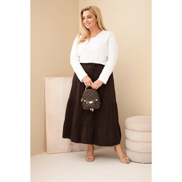 Moteriškas Plus Size medvilninis muslino sijonas su raukiniais ir elastiniu juosmeniu, rudas