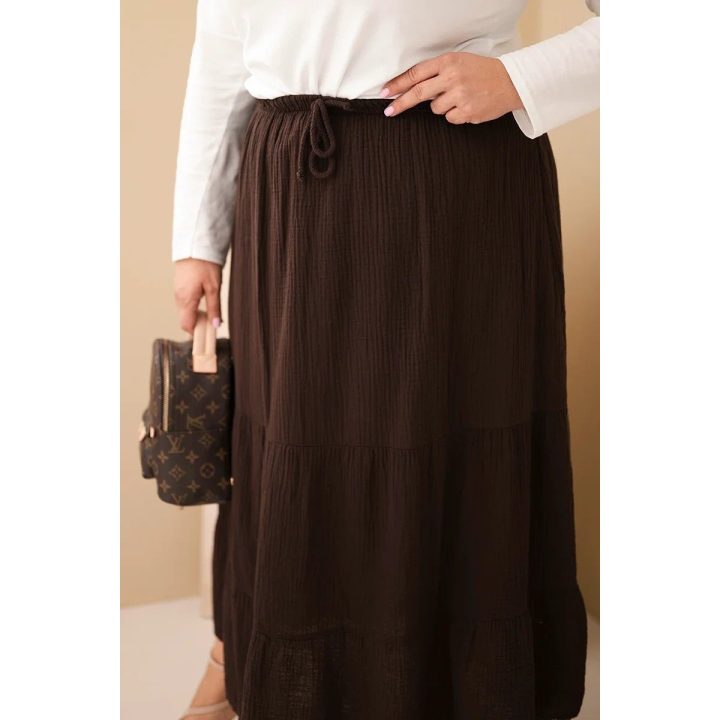 Moteriškas Plus Size medvilninis muslino sijonas su raukiniais ir elastiniu juosmeniu, rudas
