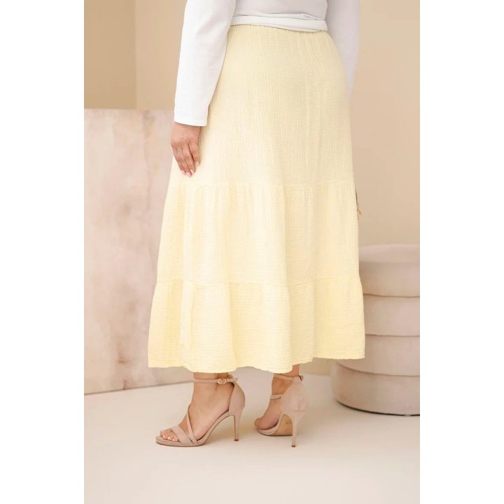 Moteriškas Plus Size medvilninis muslino sijonas su raukinuku ir gumyte, geltonas