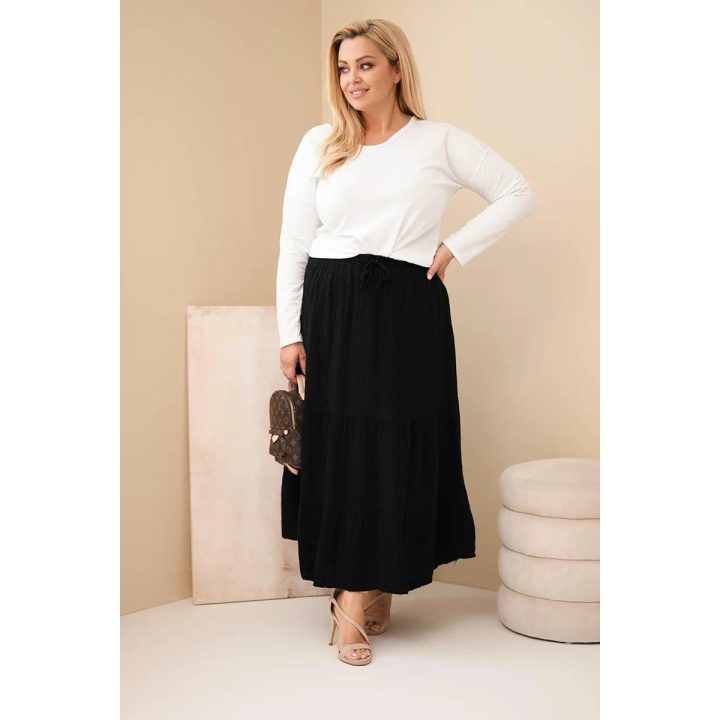 Moteriškas Plus Size medvilninis muslino sijonas su raukiniais ir gumyte juosmenyje, juodas