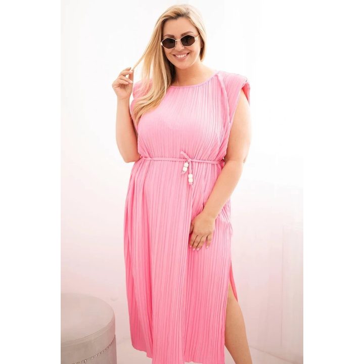 Moteriška Plus Size plisuota suknelė su diržu, šviesiai rožinė