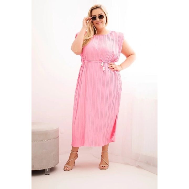 Moteriška Plus Size plisuota suknelė su diržu, šviesiai rožinė