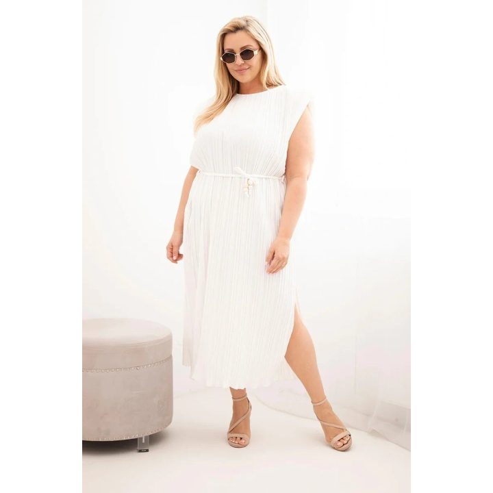 Moteriška Plus Size midi suknelė su surišimu ties juosmeniu, ekru spalvos