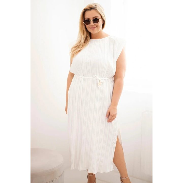 Moteriška Plus Size midi suknelė su surišimu ties juosmeniu, ekru spalvos