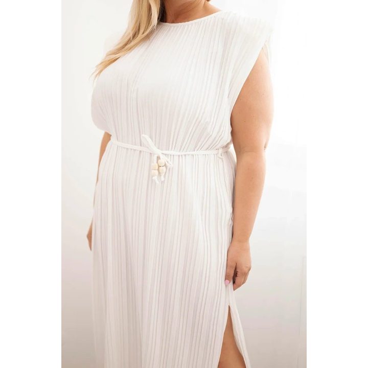 Moteriška Plus Size midi suknelė su surišimu ties juosmeniu, ekru spalvos