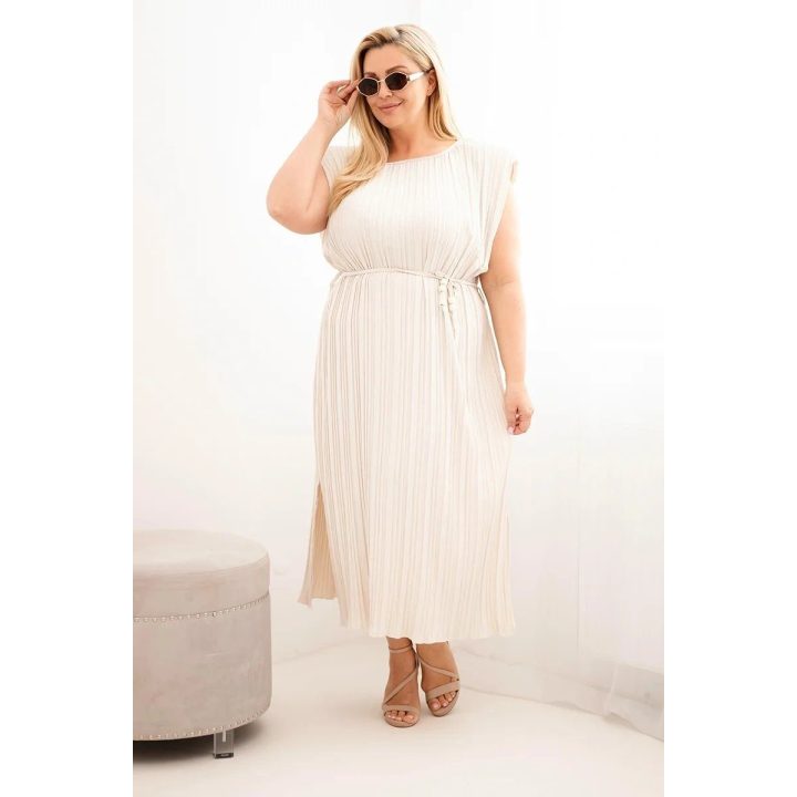 Moteriška Plus Size midi suknelė su surišimu ties juosmeniu, smėlio spalvos