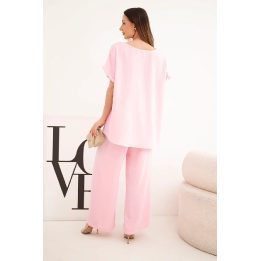 Moteriškas Plus Size komplektas su palaidine ir plačiomis kelnėmis, šviesiai rožinis