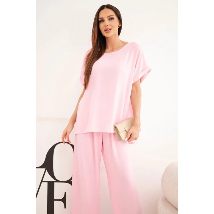 Moteriškas Plus Size komplektas su palaidine ir plačiomis kelnėmis, šviesiai rožinis