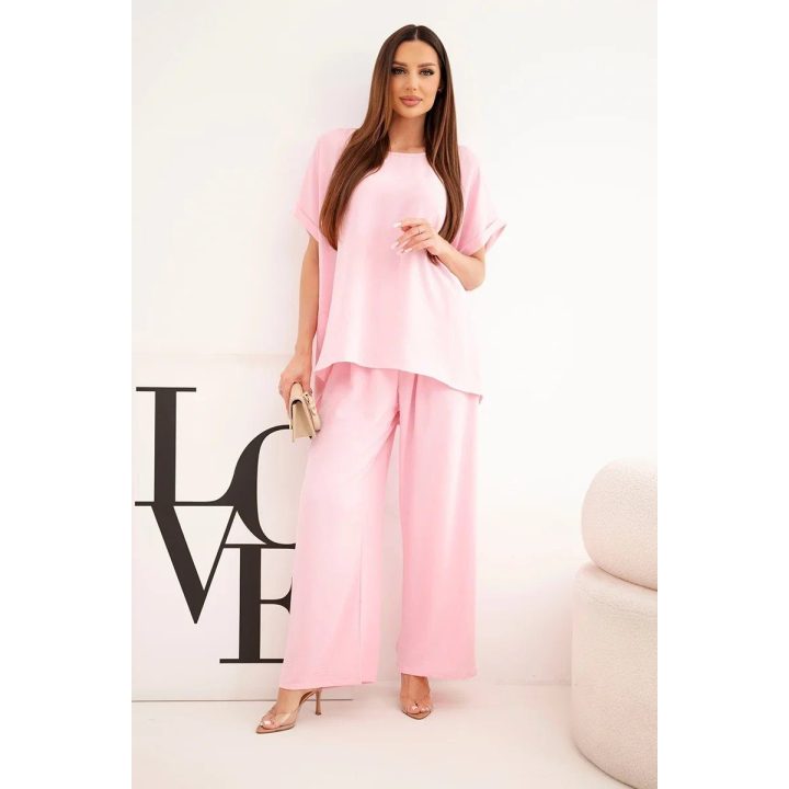 Moteriškas Plus Size komplektas su palaidine ir plačiomis kelnėmis, šviesiai rožinis