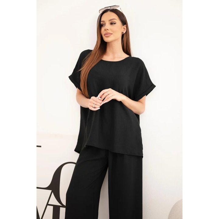 Moteriškas Plus Size komplektas su palaidine ir plačiomis kelnėmis, juodas