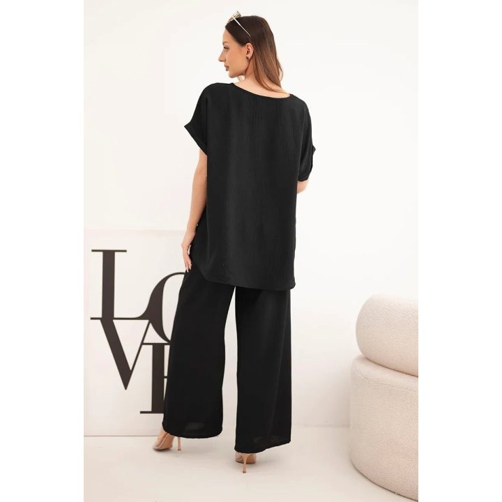 Moteriškas Plus Size komplektas su palaidine ir plačiomis kelnėmis, juodas