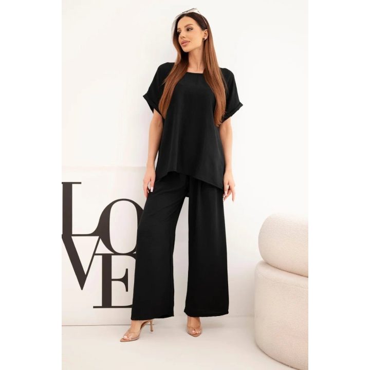 Moteriškas Plus Size komplektas su palaidine ir plačiomis kelnėmis, juodas