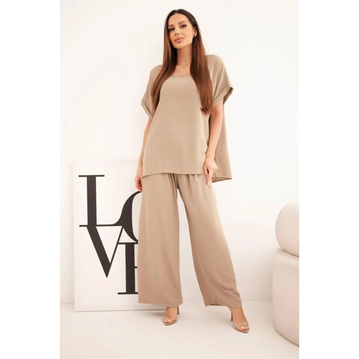 Moteriškas Plus Size komplektas su palaidine ir plačiomis kelnėmis, fango spalvos