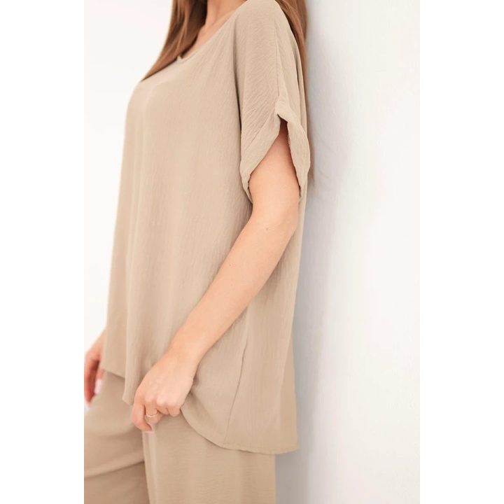Moteriškas Plus Size komplektas su palaidine ir plačiomis kelnėmis, fango spalvos