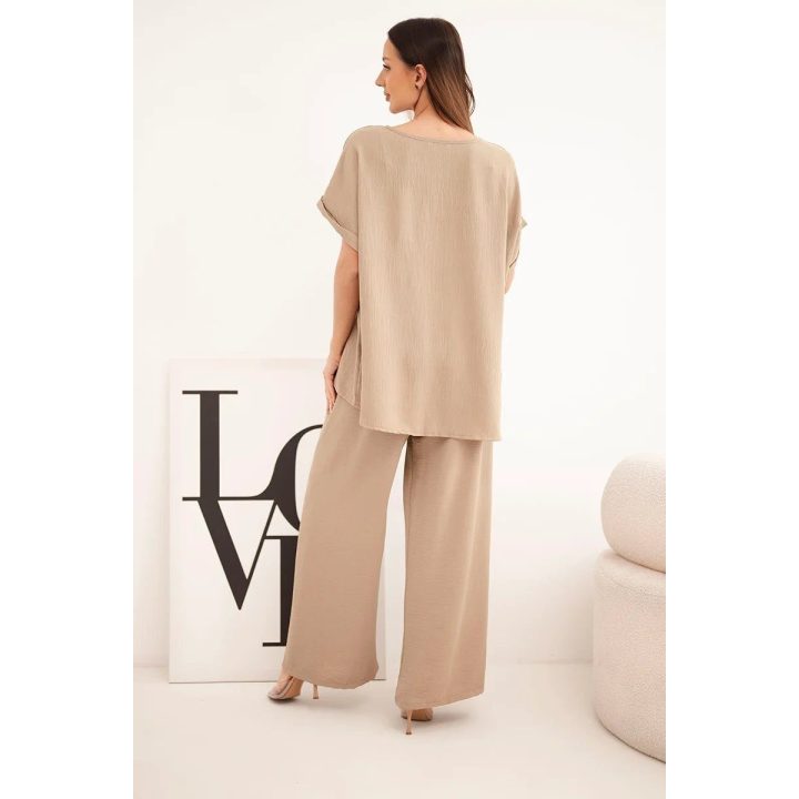 Moteriškas Plus Size komplektas su palaidine ir plačiomis kelnėmis, fango spalvos