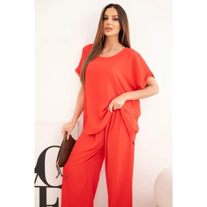 Moteriškas Plus Size komplektas su palaidine ir plačiomis kelnėmis, raudonas