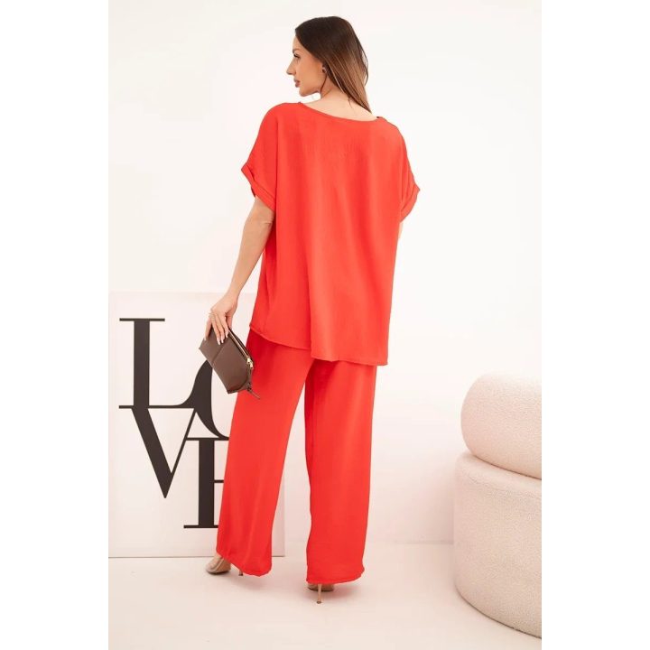 Moteriškas Plus Size komplektas su palaidine ir plačiomis kelnėmis, raudonas