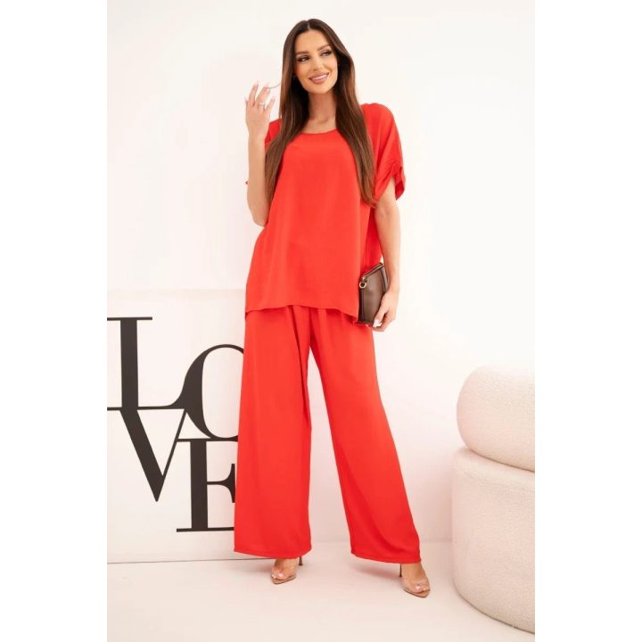 Moteriškas Plus Size komplektas su palaidine ir plačiomis kelnėmis, raudonas