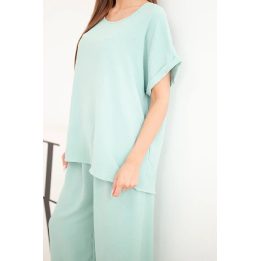 Moteriškas Plus Size komplektas su palaidine ir plačiomis kelnėmis, tamsios mėtų spalvos