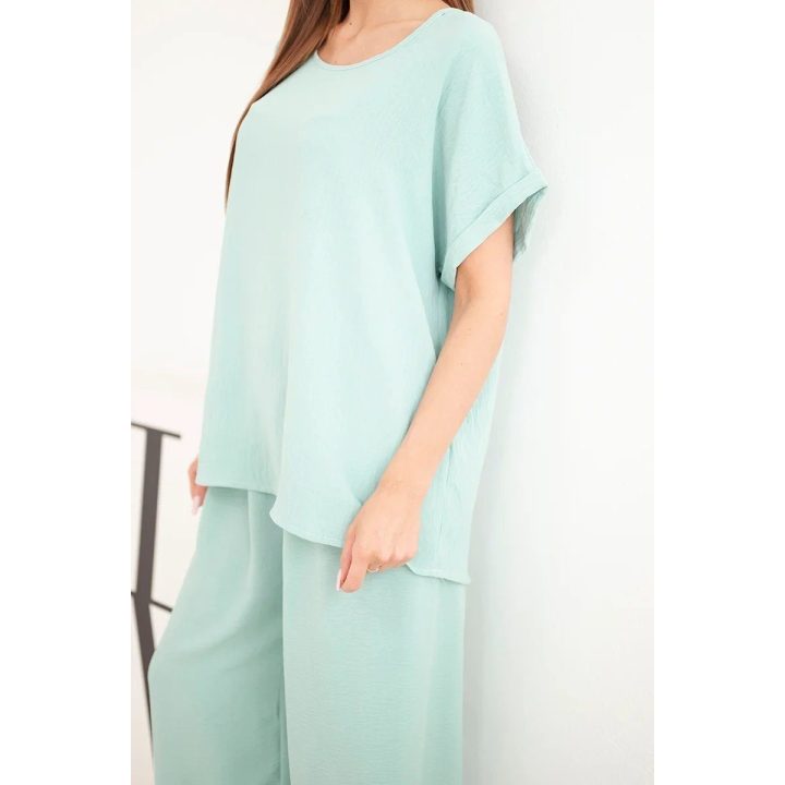 Moteriškas Plus Size komplektas su palaidine ir plačiomis kelnėmis, tamsios mėtų spalvos