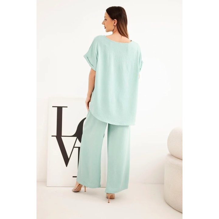 Moteriškas Plus Size komplektas su palaidine ir plačiomis kelnėmis, tamsios mėtų spalvos