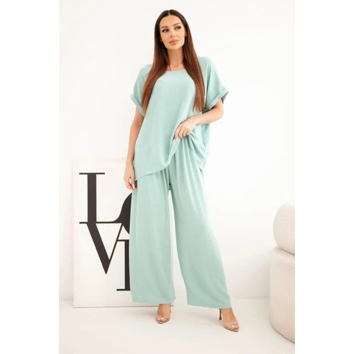 Moteriškas Plus Size komplektas su palaidine ir plačiomis kelnėmis, tamsios mėtų spalvos
