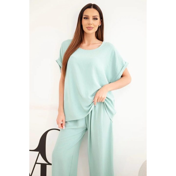 Moteriškas Plus Size komplektas su palaidine ir plačiomis kelnėmis, tamsios mėtų spalvos