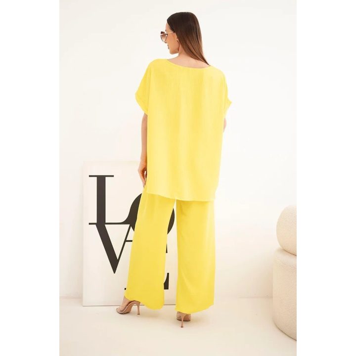 Moteriškas Plus Size palaidinės ir plačių kelnių komplektas, geltonas