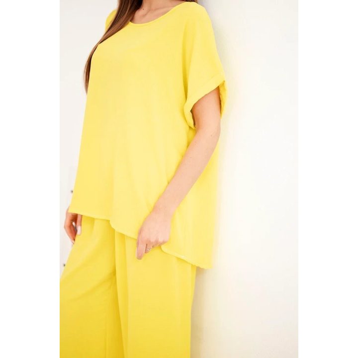 Moteriškas Plus Size palaidinės ir plačių kelnių komplektas, geltonas