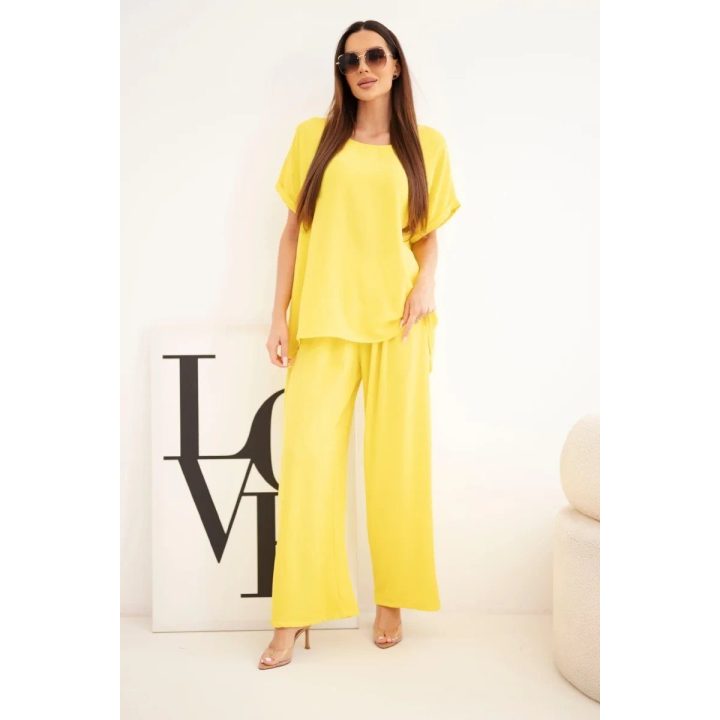Moteriškas Plus Size palaidinės ir plačių kelnių komplektas, geltonas
