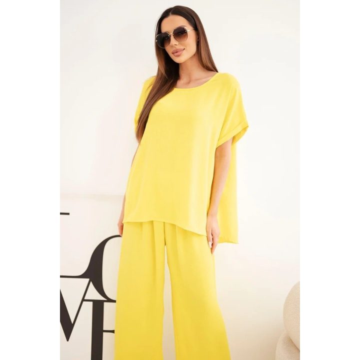 Moteriškas Plus Size palaidinės ir plačių kelnių komplektas, geltonas
