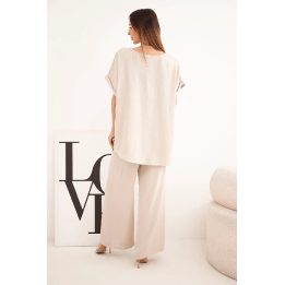 Moteriškas Plus Size komplektas su palaidine ir plačiomis kelnėmis, smėlio spalvos