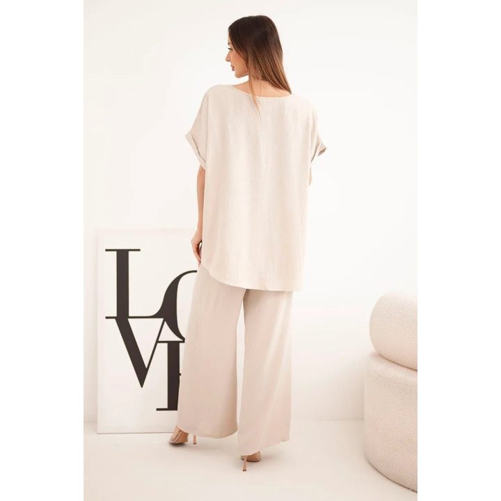 Moteriškas Plus Size komplektas su palaidine ir plačiomis kelnėmis, smėlio spalvos