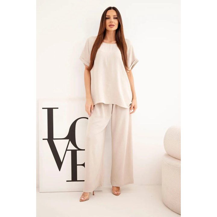 Moteriškas Plus Size komplektas su palaidine ir plačiomis kelnėmis, smėlio spalvos