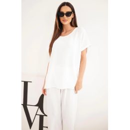Moteriškas Plus Size komplektas su palaidine ir plačiomis kelnėmis, ekru spalvos