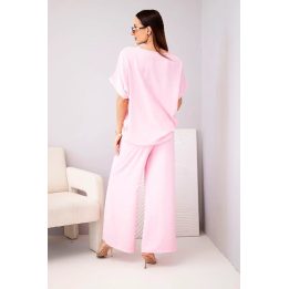 Moteriškas viskozinis dviejų dalių komplektas su gėle ir plačiomis kelnėmis, candy pink