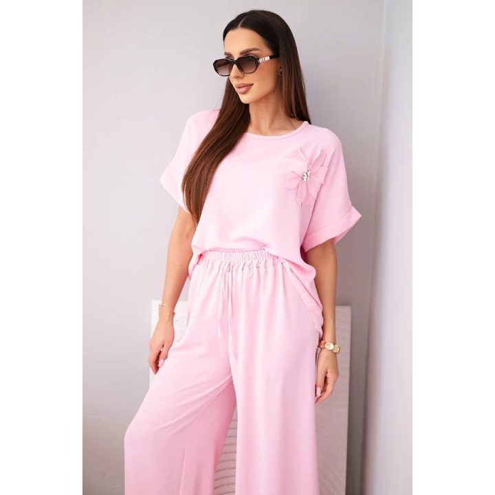 Moteriškas viskozinis dviejų dalių komplektas su gėle ir plačiomis kelnėmis, candy pink