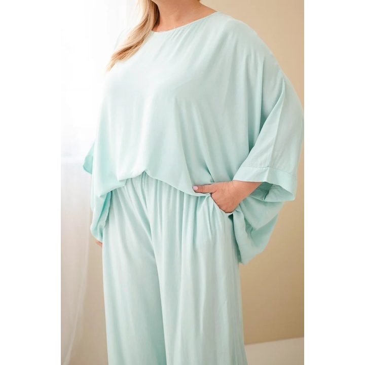 Moteriškas Plus Size viskozės komplektas su plačiomis kelnėmis ir palaidine, mėtų spalvos