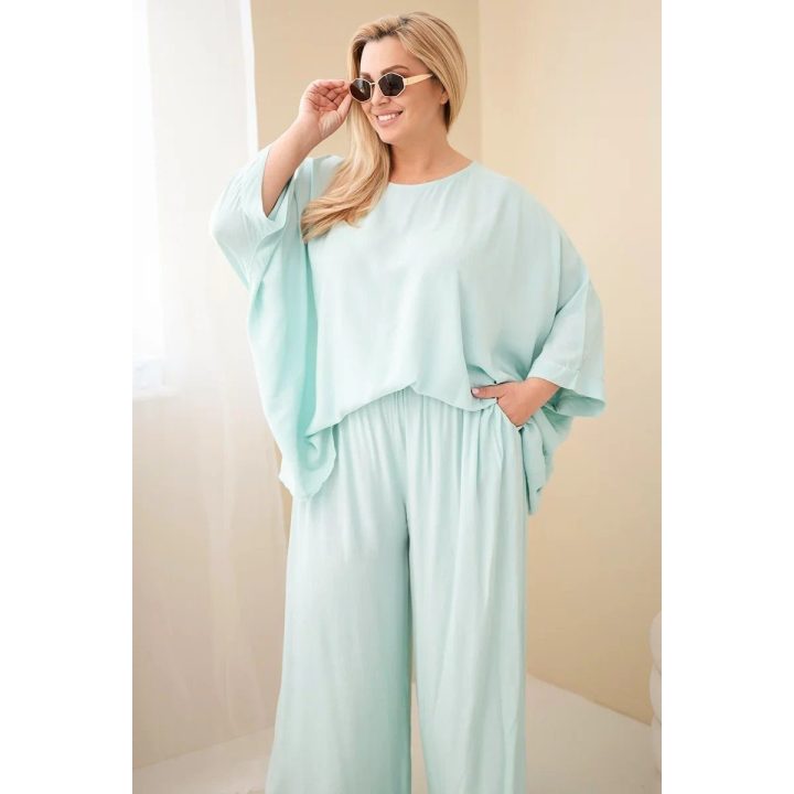 Moteriškas Plus Size viskozės komplektas su plačiomis kelnėmis ir palaidine, mėtų spalvos