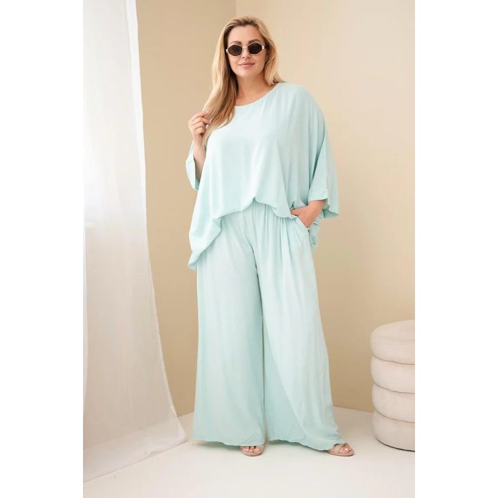 Moteriškas Plus Size viskozės komplektas su plačiomis kelnėmis ir palaidine, mėtų spalvos
